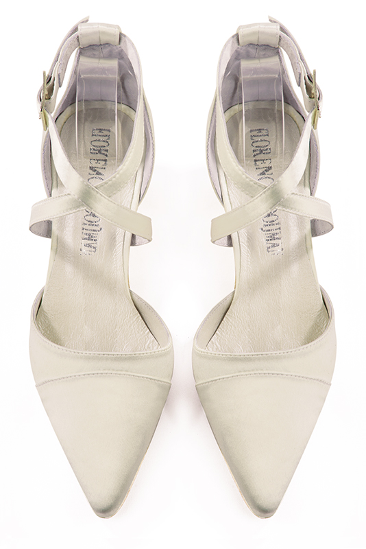 Off white women's open side shoes, with crossed straps. Pointed toe. Low comma heels. Top view - Florence KOOIJMAN